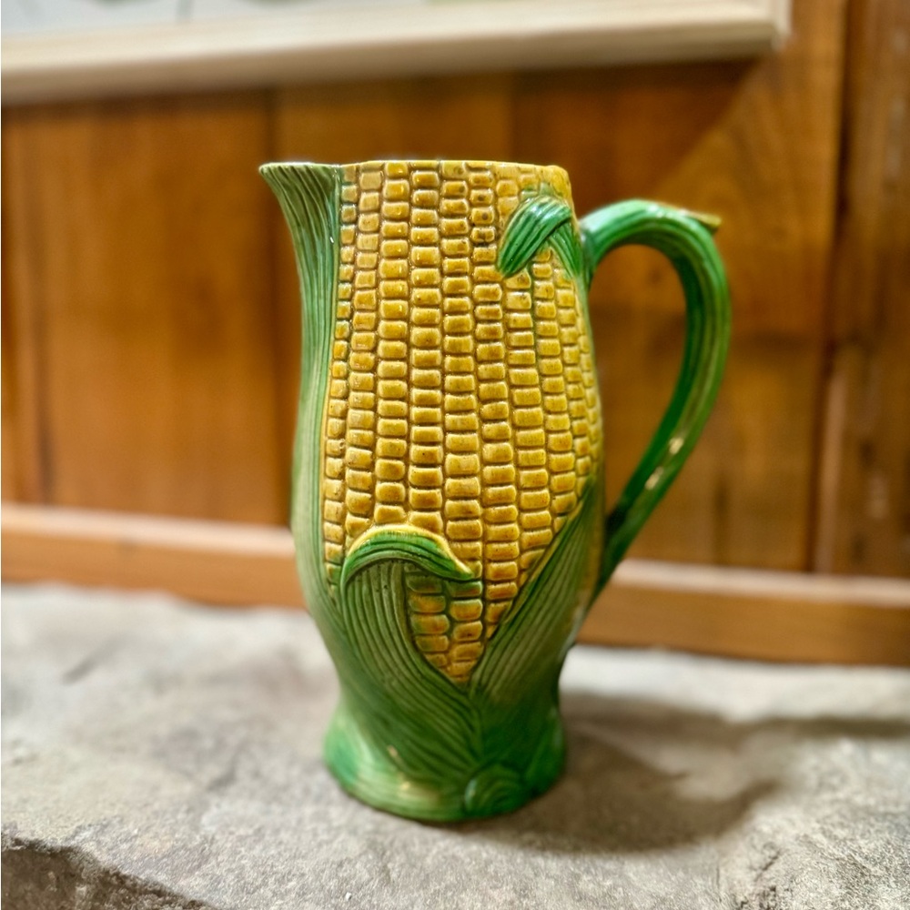 Antique Majolica 7” Corn Pitcher Victorian Vibrant Vintage Pitcher